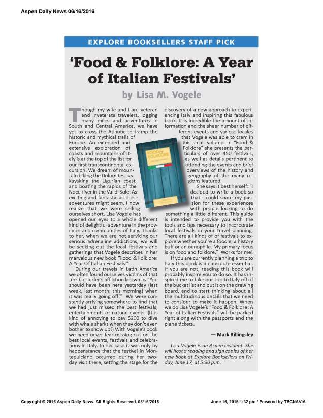 AspenDailyNews BOOK REVIEW Food &amp; Folklore A Year of Italian Festivals